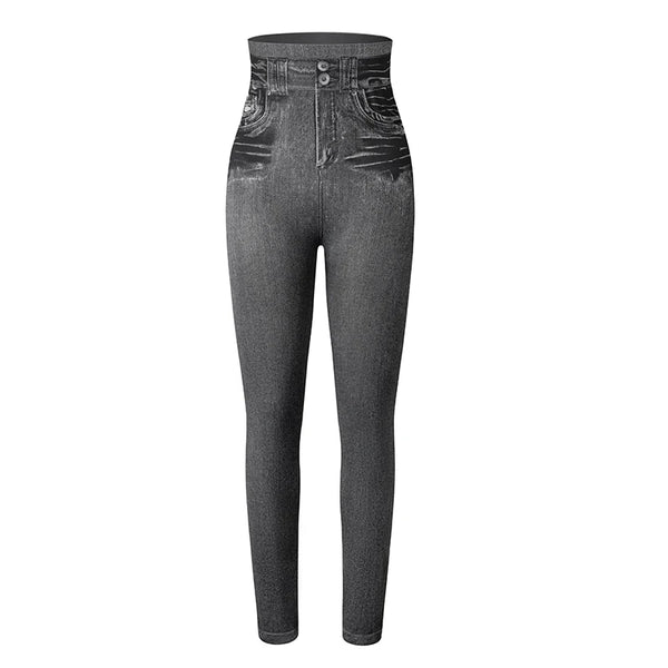 Women Gym Leggings Faux Denim Jeans Leggings Pocket Printing Leggings Casual High Waist Pencil Pants Slimming Push Up Pants