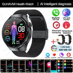 2025 New Nursing Grade Smart Watch Blood oxygen Blood Lipid Uric Acid ECG+PPG Body Temperature Bluetooth Call Health Smartwatch