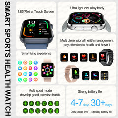 2025 New Health Smart Watch Men 1.85" Ultra HD Screen Heart Rate Temperature Watches BT Call Sports Smart Bracelet Women For IOS