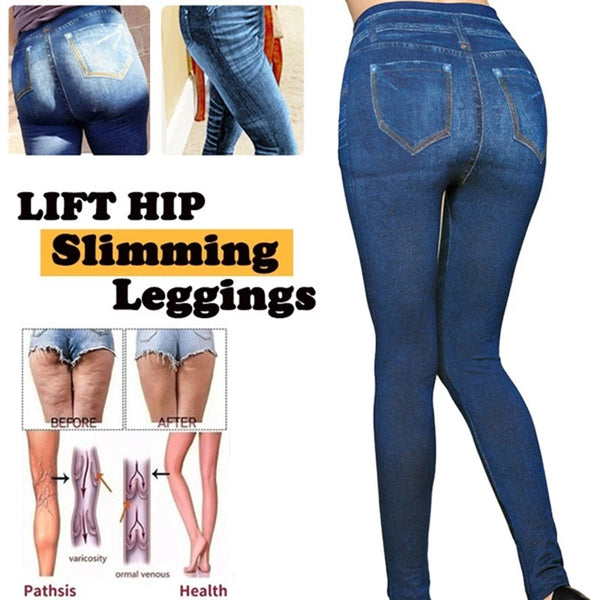 Women Gym Leggings Faux Denim Jeans Leggings Pocket Printing Leggings Casual High Waist Pencil Pants Slimming Push Up Pants
